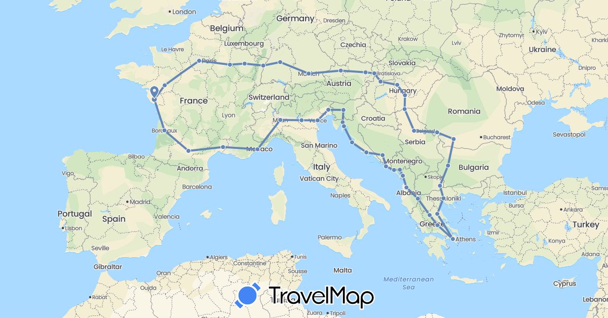 TravelMap itinerary: driving, cycling in Albania, Austria, Bosnia and Herzegovina, Bulgaria, Germany, France, Greece, Croatia, Hungary, Italy, Montenegro, Macedonia, Romania, Serbia, Slovenia, Slovakia (Europe)